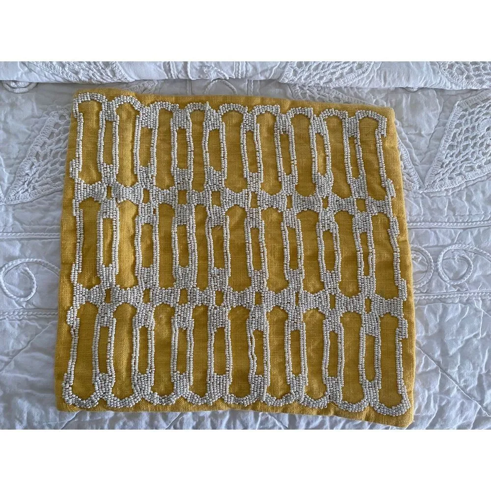 Vintage Pier 1 Beaded Pillow Cover Yellow Excellent Condition Logo‎ Pull 11x11